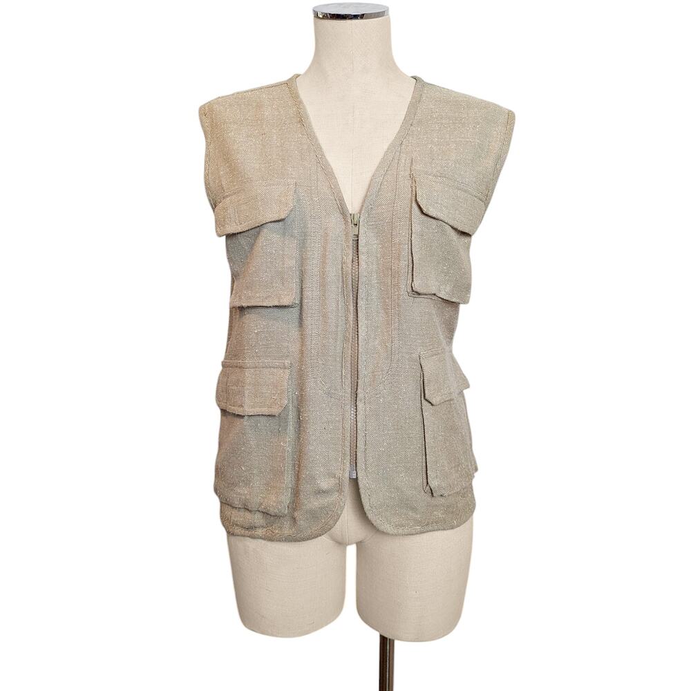 Vintage Oversized KUNTO 100% Woven Silk Cargo Tan Vest M
